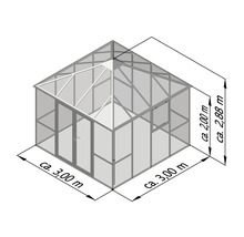Abbildung eines Gewächshauses mit Maßangaben