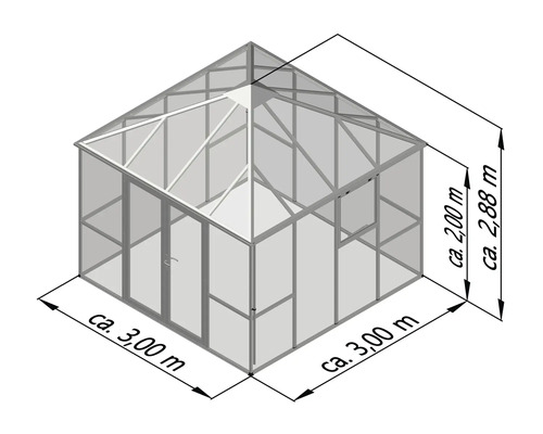 Abbildung eines Gewächshauses mit Maßangaben
