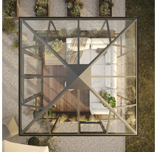 Draufsicht eines Gartenpavillons mit Glaswänden, Holzterrasse und Sitzmöbeln