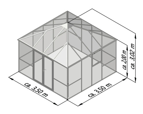 Darstellung eines Gewächshauses mit den Maßen circa 3,50 Meter mal 3,50 Meter Grundfläche und circa 3,02 Meter Höhe