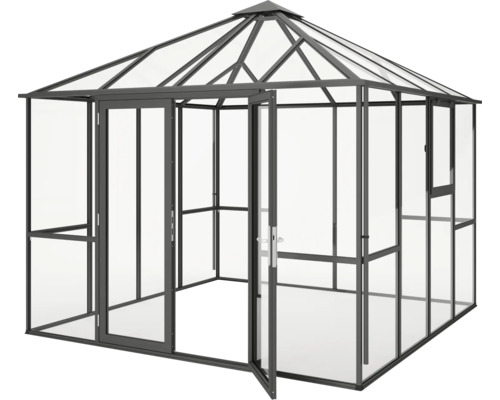 Gewächshaus mit geöffneter Tür für den Garten