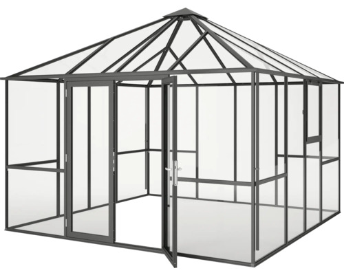 Gewächshaus Modell Iris III, anthrazit-grau Gewächshaus mit geöffneter Tür