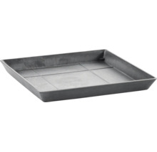 Quadratischer Untersetzer für Pflanzgefäße aus Kunststoff mit Steinoptik.