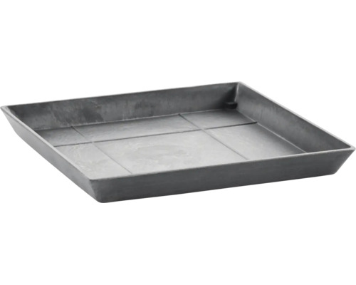 Quadratischer Untersetzer für Pflanzgefäße aus Kunststoff mit Steinoptik.