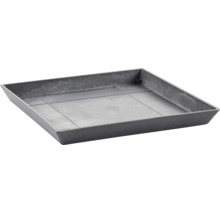 Quadratischer Untersetzer für Pflanzgefäße aus Kunststoff mit strukturierter Oberfläche.