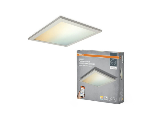 Osram Smart Planon Plus 30x30 tunable white Deckenleuchte und Produktverpackung