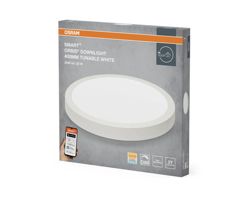 Verpackung einer Osram Smart Plus Orbis Downlight Deckenleuchte mit 400 Millimeter Durchmesser, einstellbare Farbtemperatur und 22 Watt Leistung