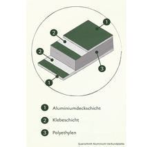 Querschnitt einer Aluminiumverbundplatte mit Aluminiumdeckschicht, Klebeschicht und Polyethylen