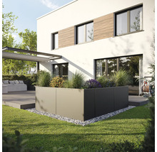 Garten mit bepflanztem Hochbeet vor modernem Haus