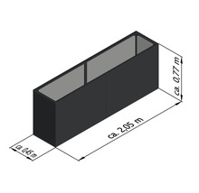 Abbildung eines Pflanzkastens mit den Maßen circa 2,05 m Länge, circa 0,77 m Höhe und circa 0,45 m Breite.