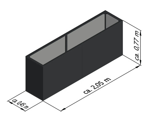 Abbildung eines Pflanzkastens mit den Maßen circa 2,05 m Länge, circa 0,77 m Höhe und circa 0,45 m Breite.
