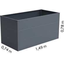 Rechteckiger Pflanzkasten mit den Maßen 0,74 Meter x 1,49 Meter x 0,78 Meter.