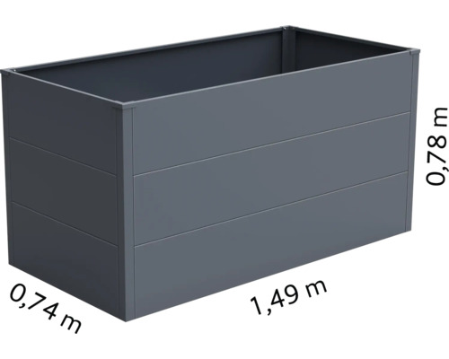 Rechteckiger Pflanzkasten mit den Maßen 0,74 Meter x 1,49 Meter x 0,78 Meter.