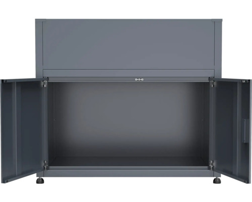 Grauer Metallschrank mit geöffneten Türen.