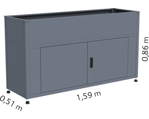 Blumenkasten mit Stauraum, 1,59 Meter breit, 0,86 Meter hoch und 0,51 Meter tief
