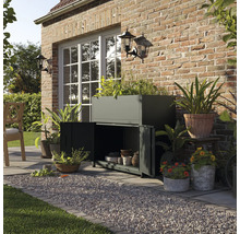 Szene im Freien mit Pflanzkasten, Schrank und verschiedenen Topfpflanzen vor einer Ziegelwand