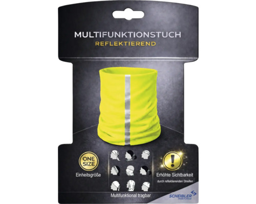 Gelbes Multifunktionstuch mit reflektierendem Streifen in Verpackung
