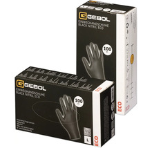 Zwei Packungen Gebol Einweghandschuhe aus schwarzem Nitril, Größe L, mit ECO-Siegel.