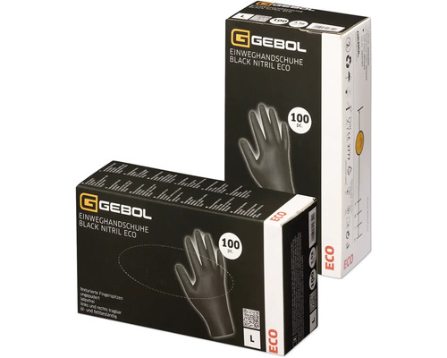 Zwei Packungen Gebol Einweghandschuhe aus schwarzem Nitril, Größe L, mit ECO-Siegel.