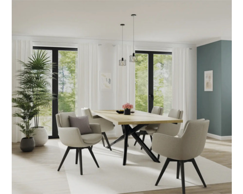 Heller Essbereich mit Esstisch, Stühlen und Pflanzen