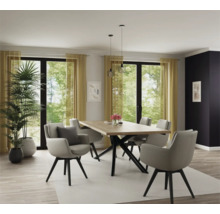 Esszimmer mit Esstisch, Stühlen, Pendelleuchten und Zimmerpflanzen in hellem und modernem Design.