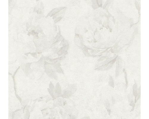 Vliestapete mit dezentem Blumenmuster, große Blüten und Blätter in Weiß und Hellgrau, strukturierte Oberfläche.