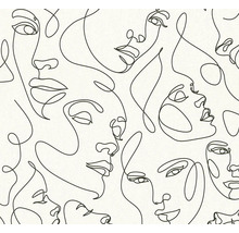 Tapete mit Gesichtern in Continuous Line Art, minimalistisches Design mit schwarzen Linien.