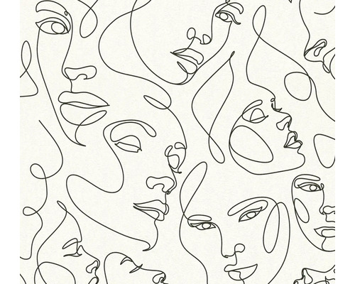 Tapete mit Gesichtern in Continuous Line Art, minimalistisches Design mit schwarzen Linien.