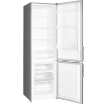 Geöffneter grauer Kühlschrank mit Gefrierfach und transparenten Regalen