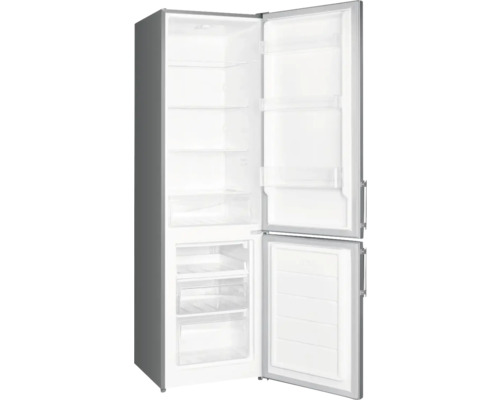 Geöffneter grauer Kühlschrank mit Gefrierfach und transparenten Regalen