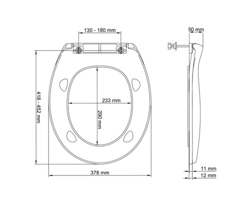 Technische Zeichnung eines WC-Sitzes mit Maßangaben