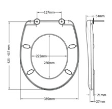 Technische Zeichnung eines Toilettendeckels mit Maßangaben