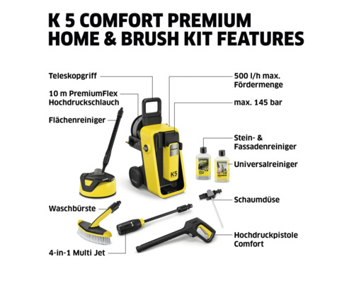 Kärcher K 5 Comfort Premium Home and Brush Kit mit Teleskopgriff, Hochdruckschlauch, Flächenreiniger, Waschbürste, Multi Jet, maximal 500 Liter pro Stunde Fördermenge, maximal 145 bar, Stein- und Fassadenreiniger, Universalreiniger, Schaumdüse...