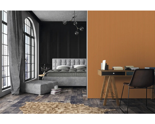 Modernes Schlafzimmer mit Bett, Schreibtisch und Holzpaneelwand