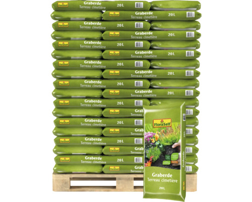 Palette mit FloraSelf Graberde in 20 Liter Säcken