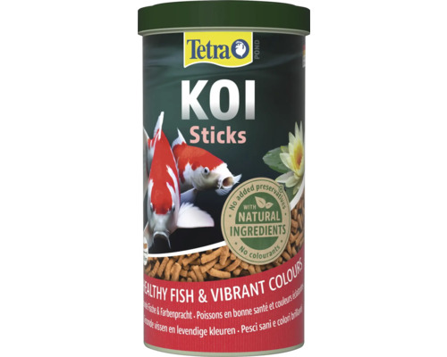 Tetra Pond Koi Sticks Fischfutter in einer Dose mit Tetra Logo, natürlichen Inhaltsstoffen, ohne Konservierungsstoffe und Farbstoffe.