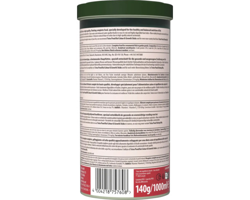 Rückseite der Tetra Pond Koi Sticks Verpackung mit Inhaltsstoffen, Fütterungshinweisen, Barcode, Recyclingsymbol und Tetra Logo.