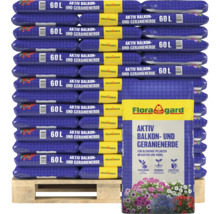Palette mit Flora Gard Aktiv Balkon- und Geranienerde, 60 Liter Säcken