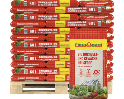Palette mit Säcken Bio Hochbeet- und Gewächshauserde von Floragard, 60 Liter