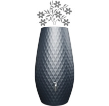 Regentonne mit Diamantstruktur, Auslaufhahn und stilisierter Blumengrafik.
