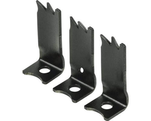 Drei Metall Eckverbinder mit Sägezähnen und Bohrungen