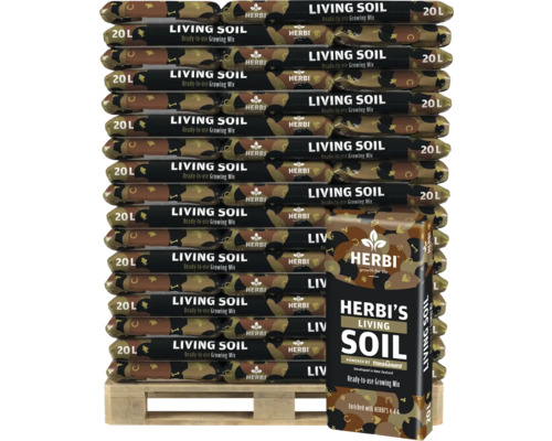 Palette mit Säcken voller Herbi Living Soil gebrauchsfertiger Pflanzerde
