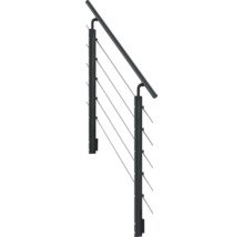 Treppengeländer mit schwarzen Pfosten, schwarzem Handlauf und Edelstahlseilen.