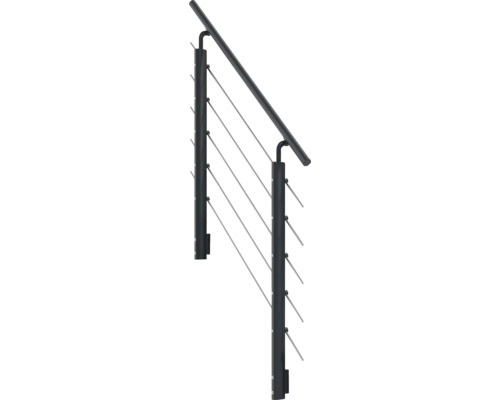 Treppengeländer mit schwarzen Pfosten, schwarzem Handlauf und Edelstahlseilen.