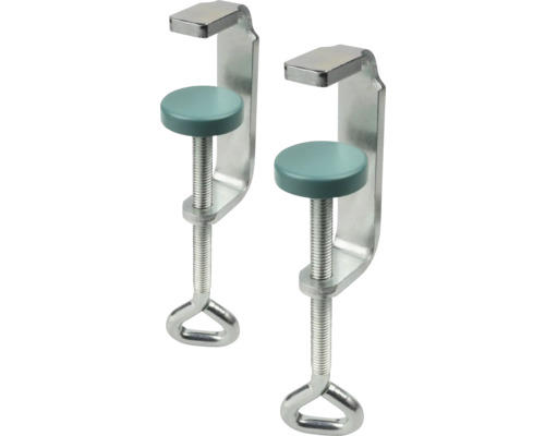 Zwei Schraubzwingen aus Metall mit runden Drucktellern und Ringgriffen.