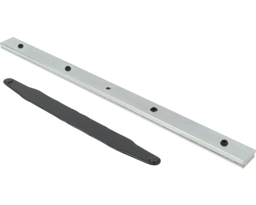 Silberne Magnetleiste aus Metall mit fünf runden Magneten und einer schwarzen Metallplatte.