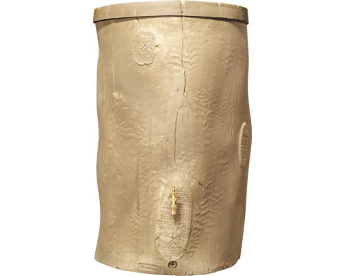 Beige Regentonne in Baumstamm-Optik aus Kunststoff mit Wasserhahn und Deckel.
