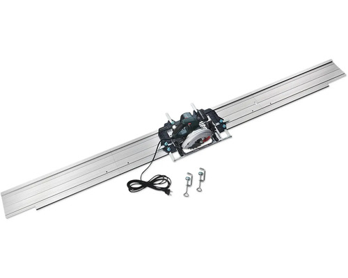 Handkreissäge auf einer Führungsschiene aus Metall mit zwei Schraubzwingen und Anschlusskabel.