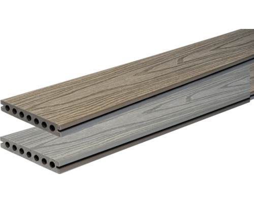 Zwei Terrassendielen aus Holzverbundwerkstoff mit Hohlkammern