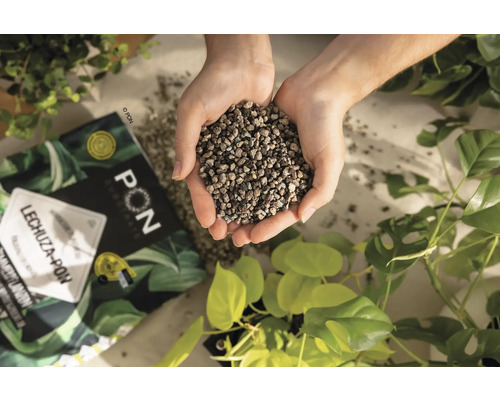 Eine Handvoll Lechuza Pon Pflanzsubstrat über einer Packung und Pflanzen